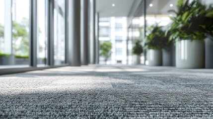 A large room with a carpeted floor and a few potted plants