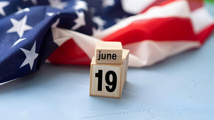 Cute wooden blocks calendar with 'June 19' date, surrounded by US flag Juneteenth National Independence Day.