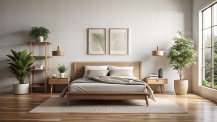 Minimal Style , Wooden home bedroom interior with bed and nightstand with decor. Mock up frame