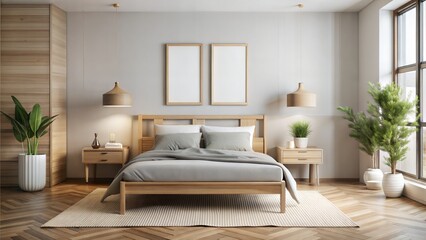 Minimal Style , Wooden home bedroom interior with bed and nightstand with decor. Mock up frame