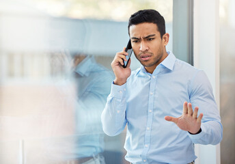 Phone call, stress and confused business man in office with problem, error and mistake for online...