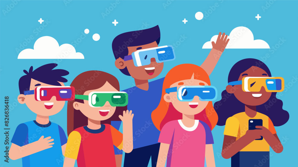 Poster a group of students showcasing their colorful smart glasses using them to take pictures and videos t