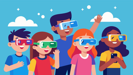 Fototapeta premium A group of students showcasing their colorful smart glasses using them to take pictures and videos together during a class field trip.. Vector illustration