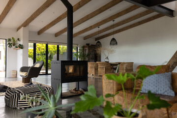 At home, sunlight streaming through large windows, warming room