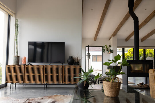 At home, living room displaying modern furniture, including a large TV