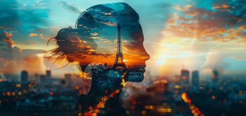 Double exposure silhouette of a woman's profile with the Eiffel Tower and a vibrant sunset skyline, blending nature and urban landscape.