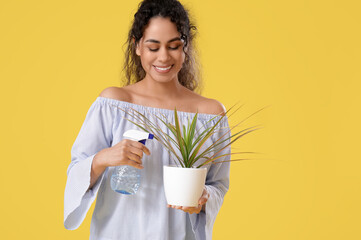 Beautiful young African-American woman spraying plant on yellow background