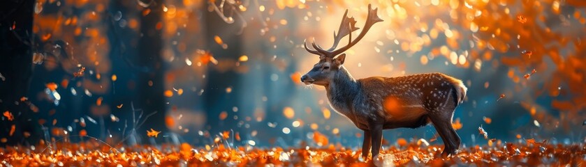 Majestic deer standing in a sunlit autumn forest with vibrant orange leaves and a serene atmosphere captured beautifully. - Powered by Adobe