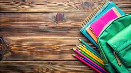 Pastel green backpack on wooden background with colorful school supplies.