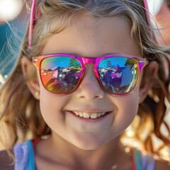 A young girl wearing sunglasses is happily smiling and posing for a photograph. Her vision care eyewear makes her look cool and adds a fun element to the picture AIG50