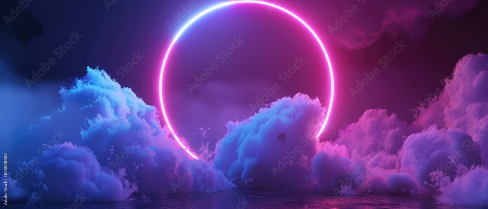 Poster 3d render abstract minimal background pink blue neon light round frame with copy space illuminated s