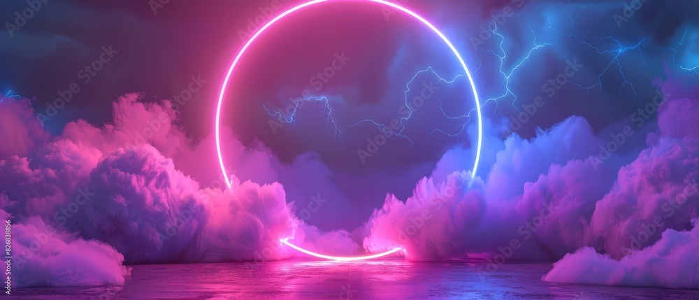 Aufkleber 3d render abstract minimal background pink blue neon light round frame with copy space illuminated s