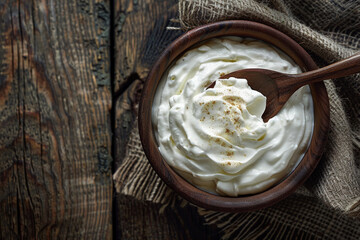 A bowl of Greek yogurt on a wooden table in a top view