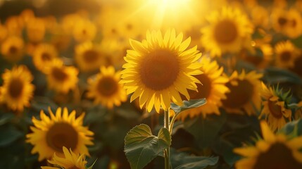 Sunflowers basking in the golden sunset, creating a warm and vibrant field of yellow blooms, capturing the essence of summer beauty.