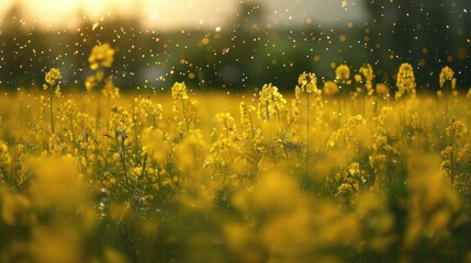 Field of blooming rapeseed flowers following a rainfall