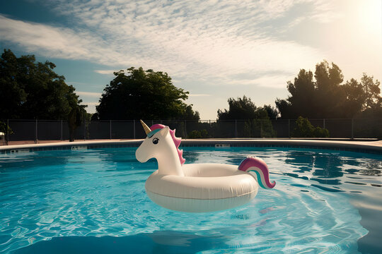 Unicorn inflatable swimming tube in the swimming pool