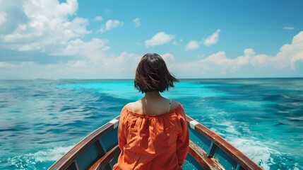 Fototapeta premium 海でボートに乗る日本人女性の後ろ姿
