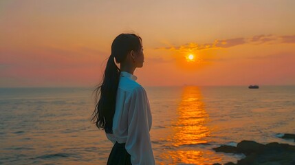 夕暮れの海に立つアジア人女性