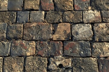 Detailed shot of a brick masonry wall showcasing the contrast between the rough, aged brickwork and the lush, invading vegetation. Organic growth in a built environment