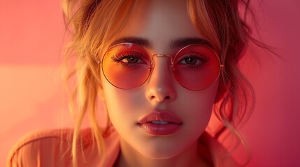 Fototapeta premium Gen-z handsome caucasian fashionable female, wearing neon stylish clothes, retro style in the style of vaporwave fashion with copy space. Art concept.