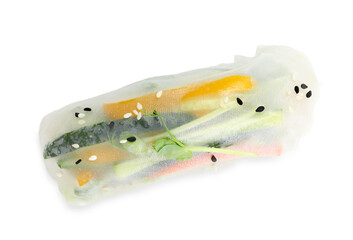 Tasty spring roll with sesame seeds and microgreens isolated on white, top view