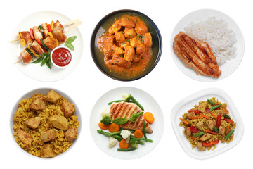 Set of different delicious chicken dishes isolated on white, top view