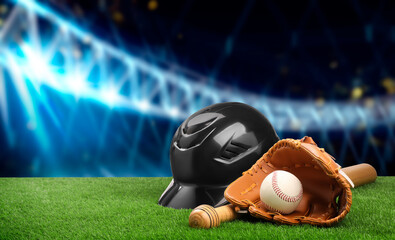 Baseball bat, glove, helmet and ball on grass at stadium. Banner design with space for text