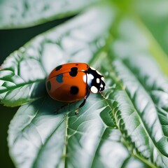 Fototapeta premium Close up of a ladybug on a vibrant green leaf2