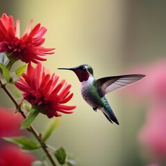 Fototapeta premium Close up of a hummingbird feeding from a red flower1