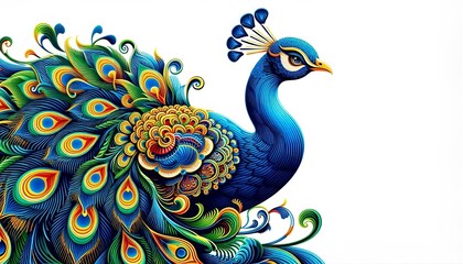 Fototapeta premium Peacock on white background. The image employs decorative techniques and utilizes white space, suitable for any decorative scene.