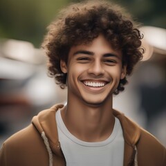 Portrait of a smiling young man with curly hair, outdoors1