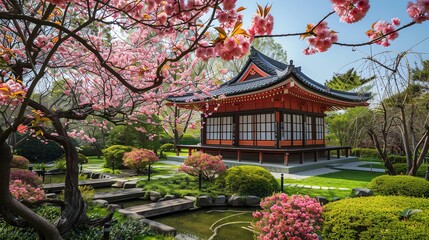 A beautiful Japanese garden with a traditional tea house. The garden is full of blooming cherry trees and other flowers.