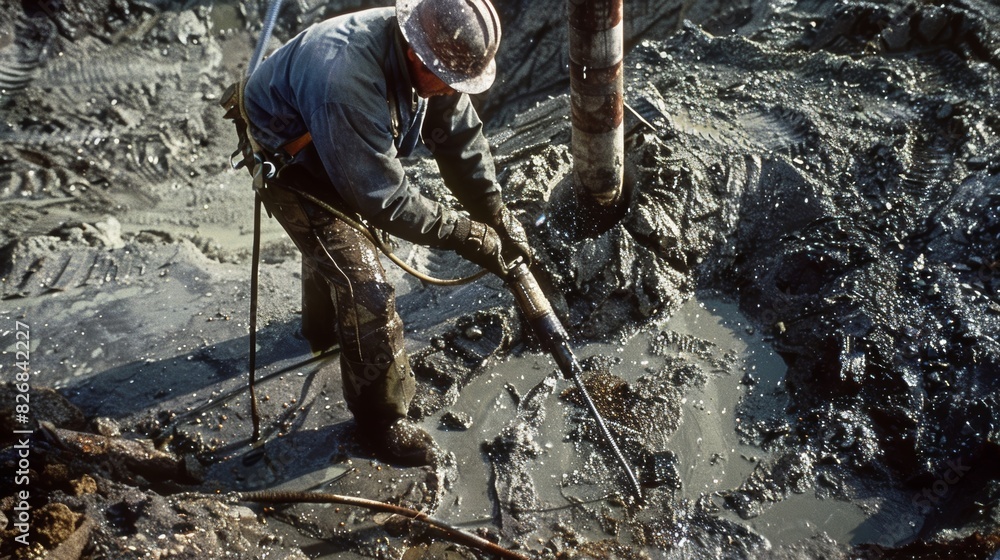 Poster a miner using a specialized drill to bore deep into the earth creating pathways for the mining proce