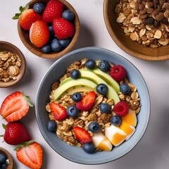 Overhead shot of a healthy breakfast bowl with granola and fresh fruit1