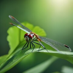 Close up of a dragonfly perched on a green leaf1