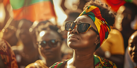 A celebratory image of Africa Day featuring flags and festive decor, with selective focus and film grain filter. Suitable for African holiday promotions and cultural events.