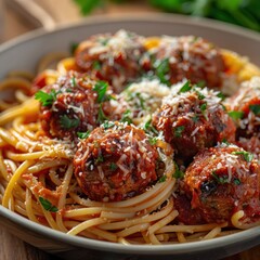 a bowl of freshly made spaghetti with meatballs and tomato sauce, garnished with oregano leaves and sprinkled with parmesan cheese