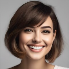Portrait of a smiling young woman with a short bob haircut, in a studio5