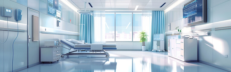 empty hospital room with a bed and electric circuits windows healthcare patient care on sunlight background