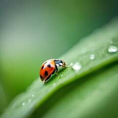 Fototapeta premium Close up of a ladybug on a green leaf, with dewdrops3