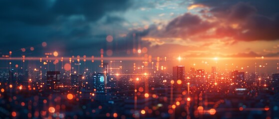 Stunning sunset cityscape with glowing digital connections overlay, representing futuristic urban technology and communication.