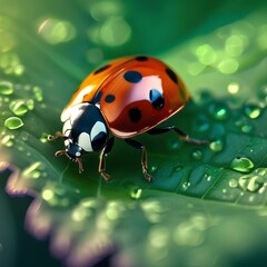 Fototapeta premium Close up of a ladybug on a green leaf, with dewdrops4