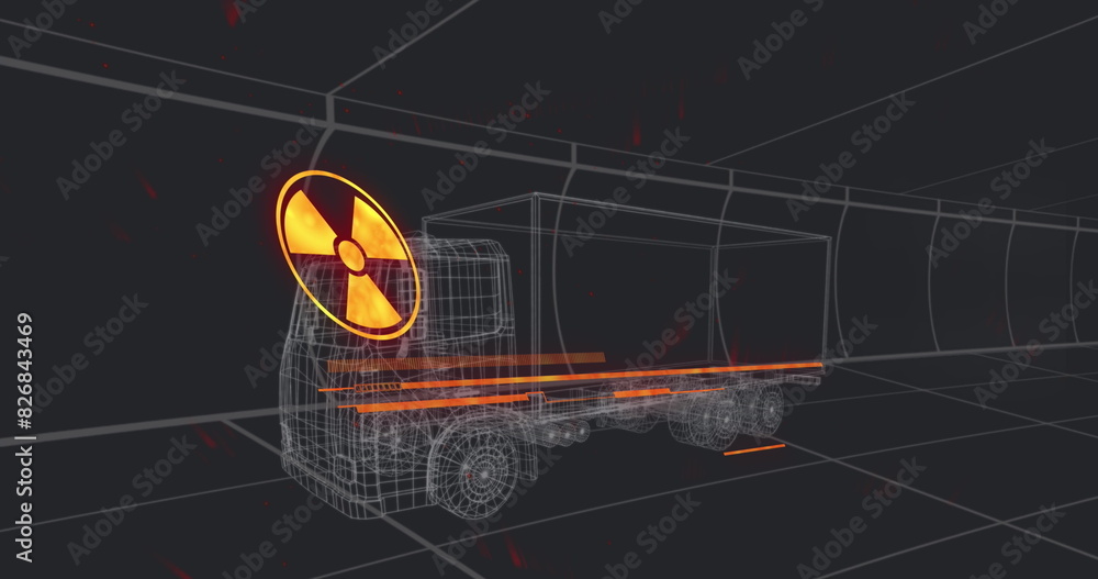 Poster image of warning text 3d car model over grid on black background