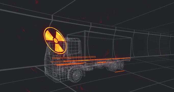 Image of warning text 3d car model over grid on black background