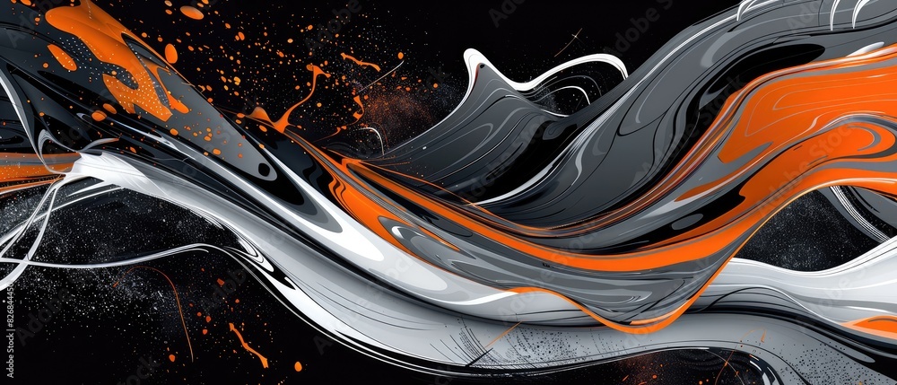 Poster liquid lines pattern wave shape pattern colorful music digital lines black background with orange an