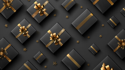 Black Friday Super Sale. Realistic black gifts boxes. Pattern with gift box. Dark background golden text lettering. Horizontal banner, poster, header website. vector illustration