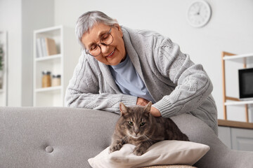 Senior woman with cat on sofa pillow at home