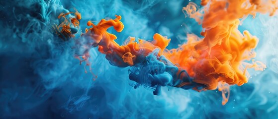 spectacular image of blue and orange liquid ink churning together with a realistic texture design...