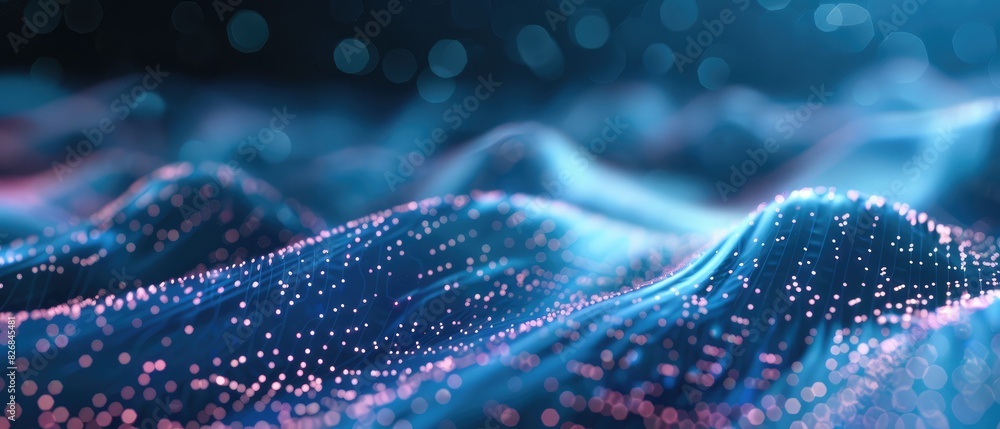 Poster technology digital wave concept beautiful motion waving dots texture with glowing defocused particle