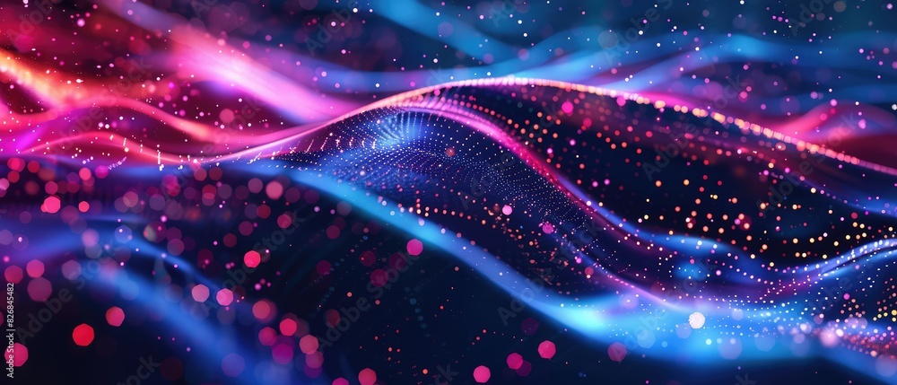 Poster technology digital wave concept beautiful motion waving dots texture with glowing defocused particle